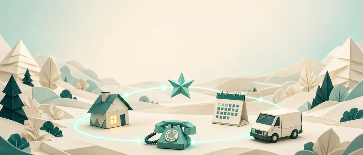 A morning landscape links a home, phone, calendar, service van, and completion star.