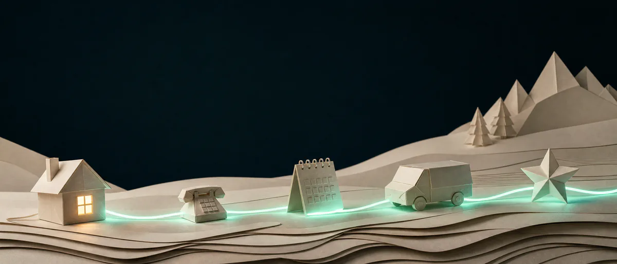 A glowing thread connects a home, phone, calendar, service van, and completed star across a tactile landscape.